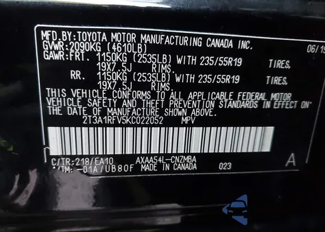 2019 Toyota Rav4 Xle Premium from USA, damaged, VIN 2T3A1RFV5KC022052